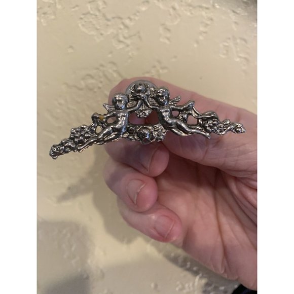 VTG Silver Tone Cherub Victorian Rose Swag Brooch Push Pin Clasp Detailed Ornate - Picture 6 of 9